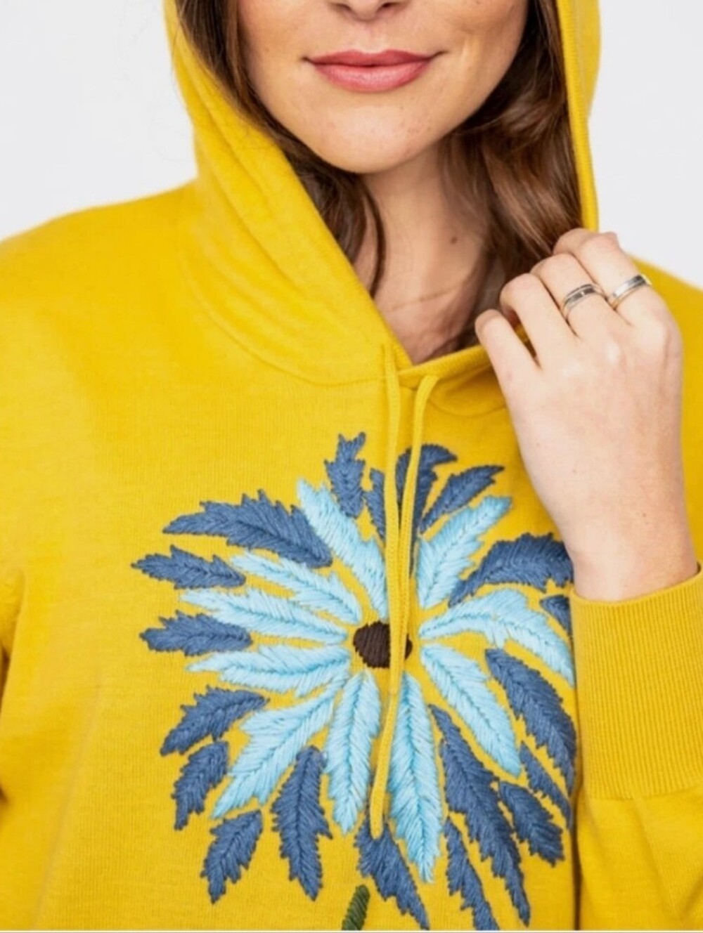 NWT evy's tree Mustard Yellow Hoodie Sweater with Blue Floral Motif - Picture 2 of 11